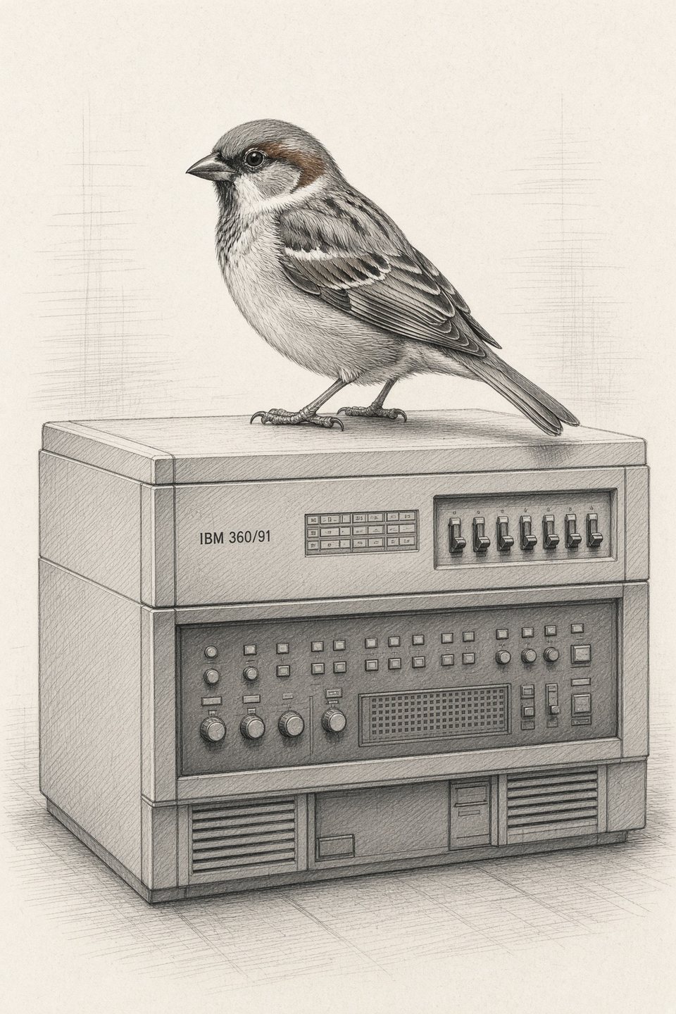 A sparrow standing on a vintage IBM computer