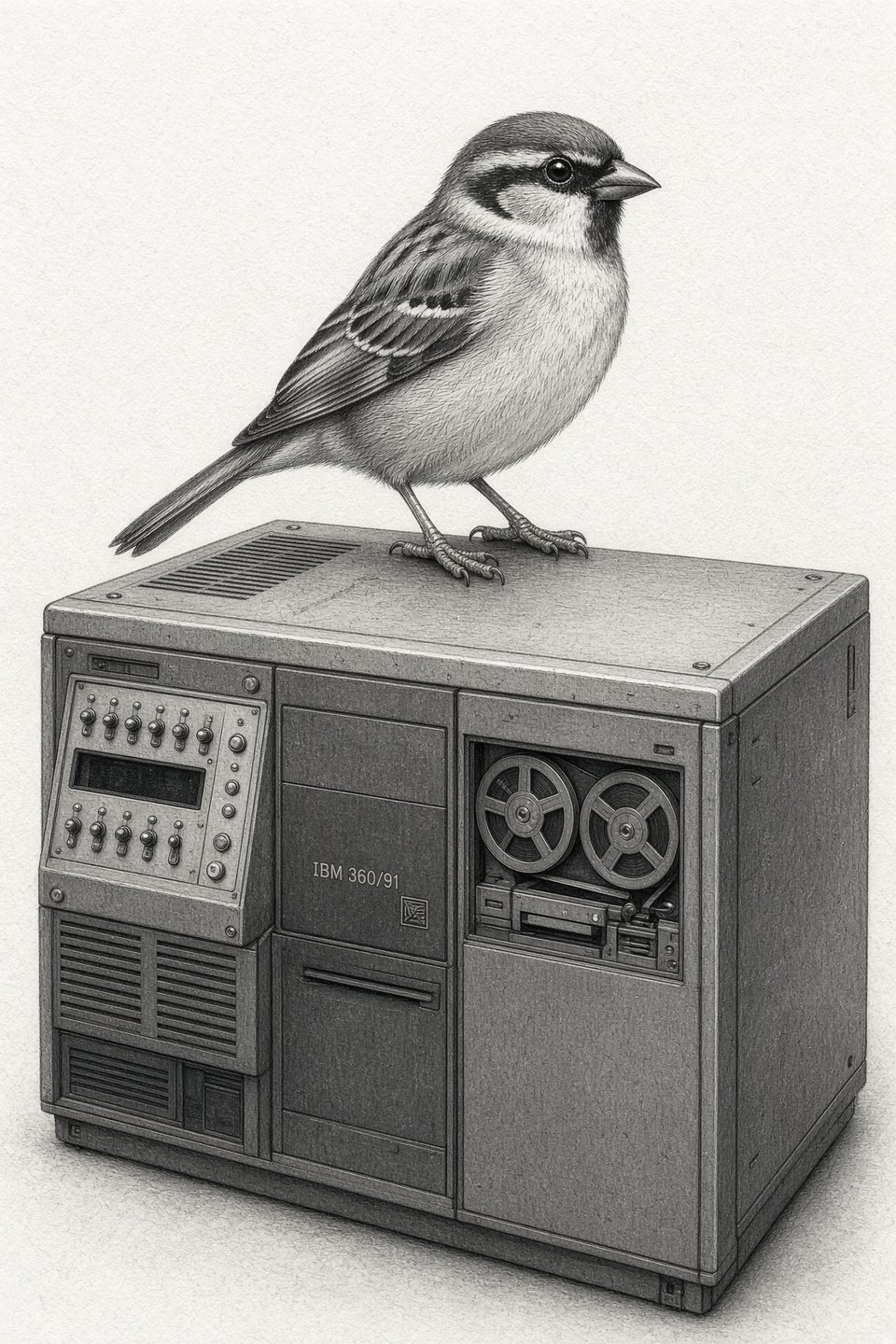 A sparrow perched on a vintage IBM computer