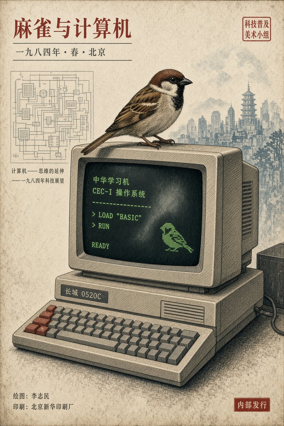A sparrow perched on a vintage Chinese computer illustration