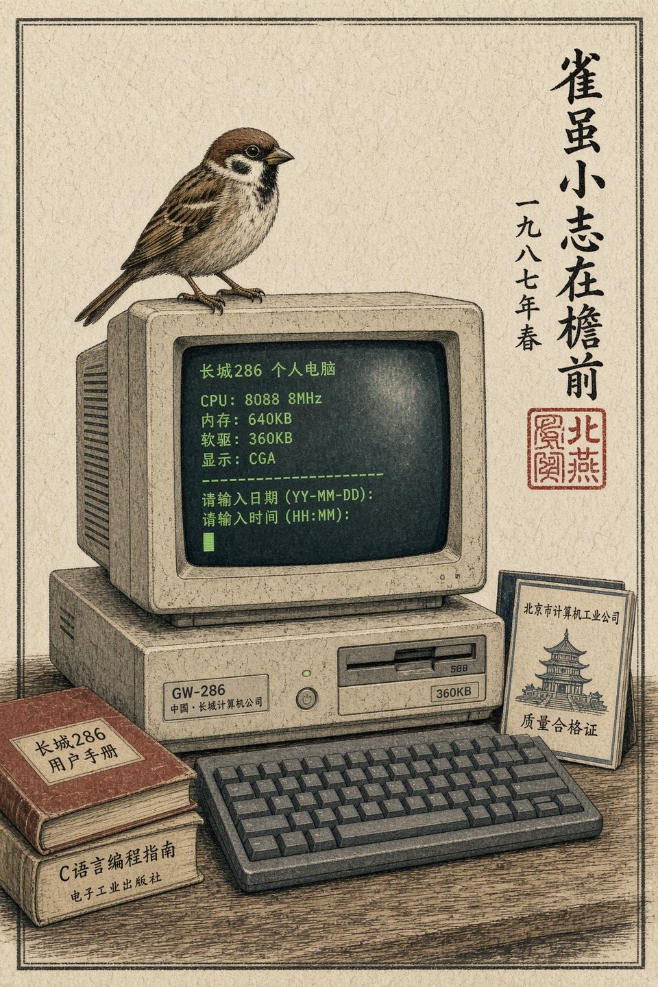 A sparrow perched on an early personal computer