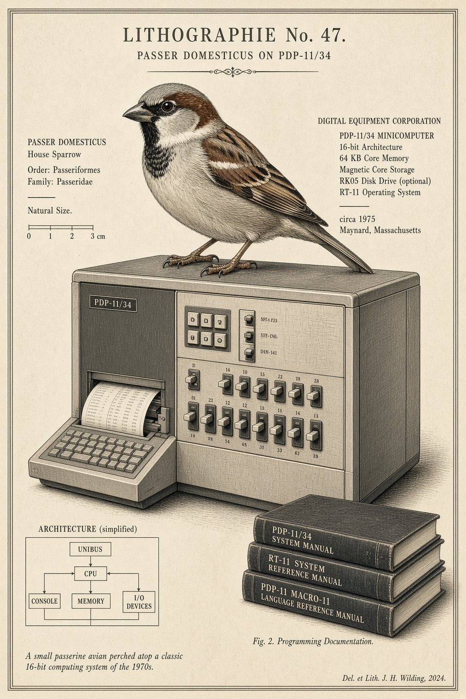 A house sparrow perched on a PDP-11 computer