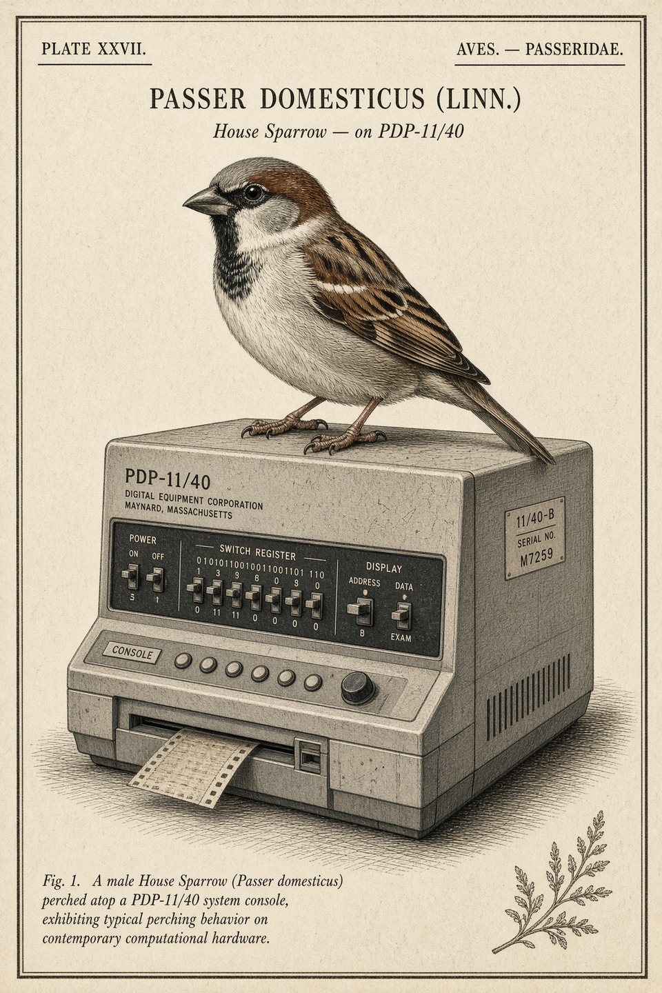 A house sparrow perched on a PDP-11 console