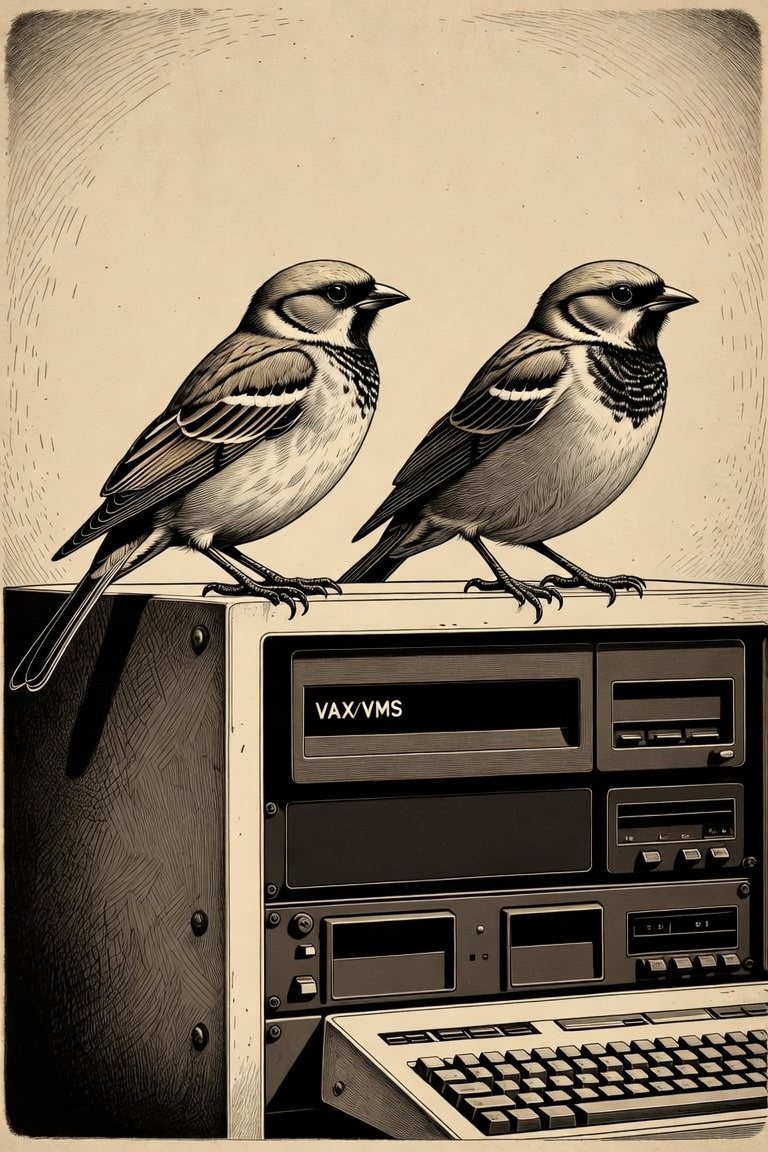 Two sparrows perched on a VAX VMS computer