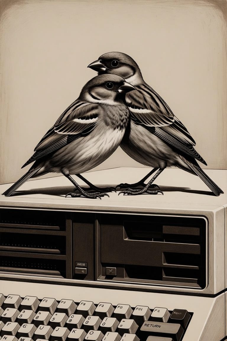 Two sparrows perched on a vintage computer
