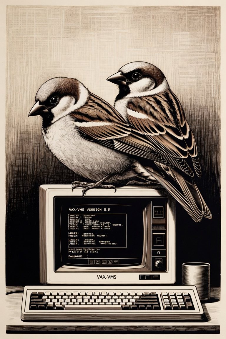 Two sparrows perched above a vintage workstation