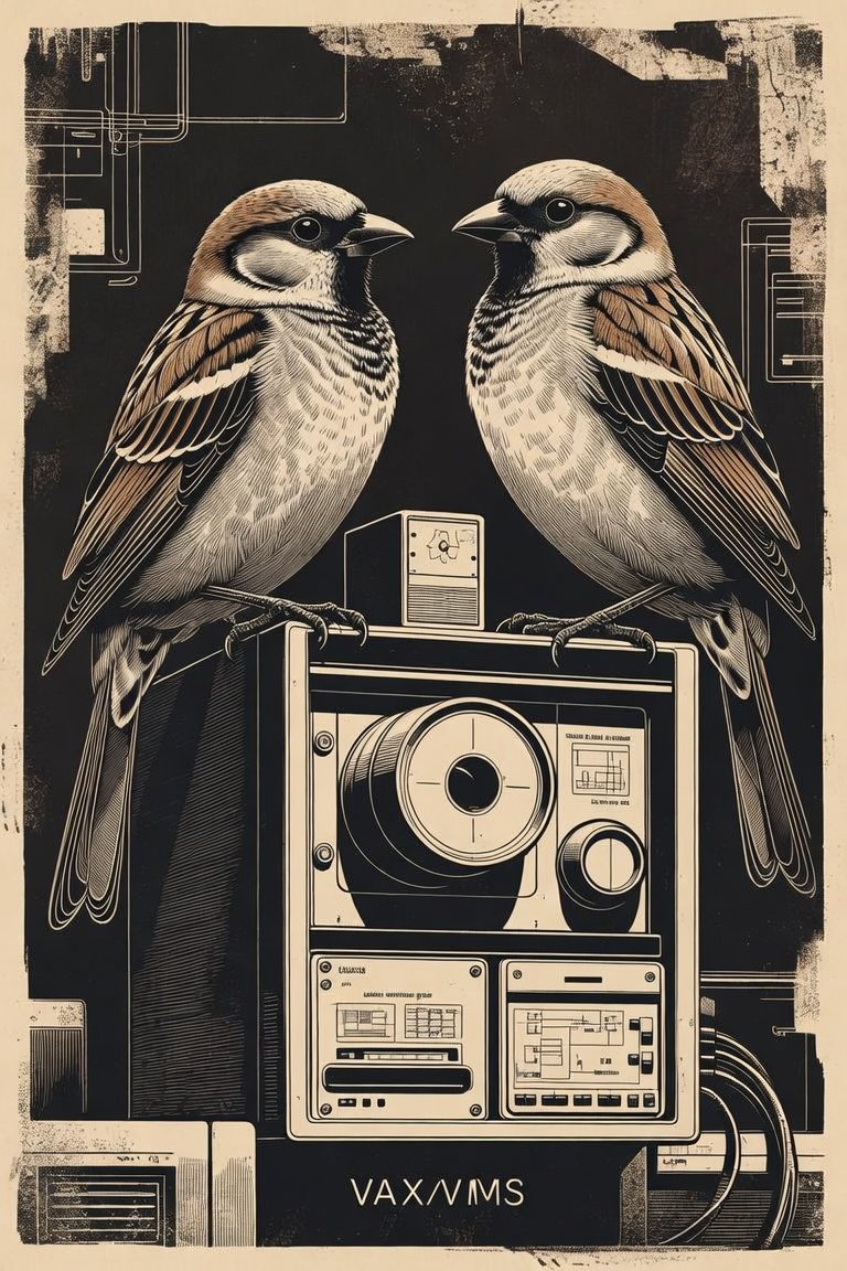 Two sparrows beside a vintage computer and camera