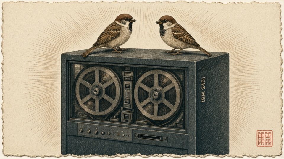 Two house sparrows perched atop an IBM 2401 magnetic tape drive