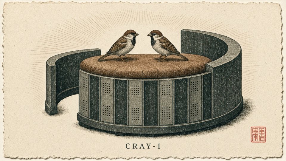 Two sparrows facing each other on the padded bench of a CRAY-1 supercomputer