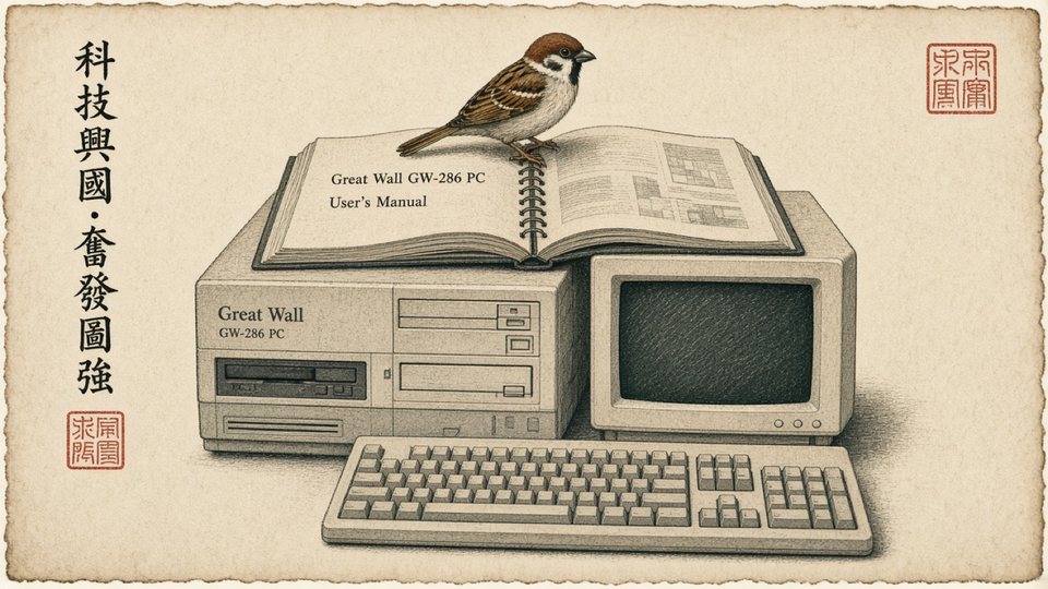 A sparrow standing on an open Great Wall GW-286 PC user's manual atop the computer, beside Chinese calligraphy