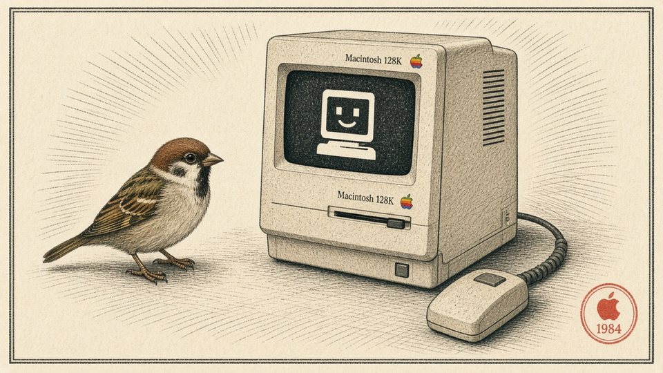 A sparrow meeting an original Macintosh 128K with its one-button mouse
