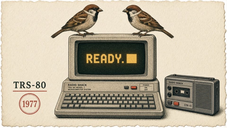 Two sparrows perched on a TRS-80 Model I monitor showing READY, with a CTR-41 cassette recorder