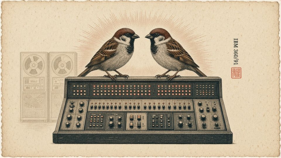Two house sparrows facing each other atop the lit control console of an IBM System/360 Model 91, tape drives faint behind