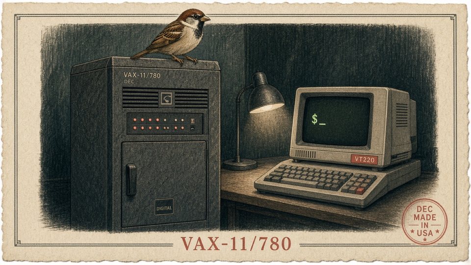 A house sparrow perched on a DEC VAX-11/780 cabinet beside a lamp-lit VT220 terminal showing a shell prompt