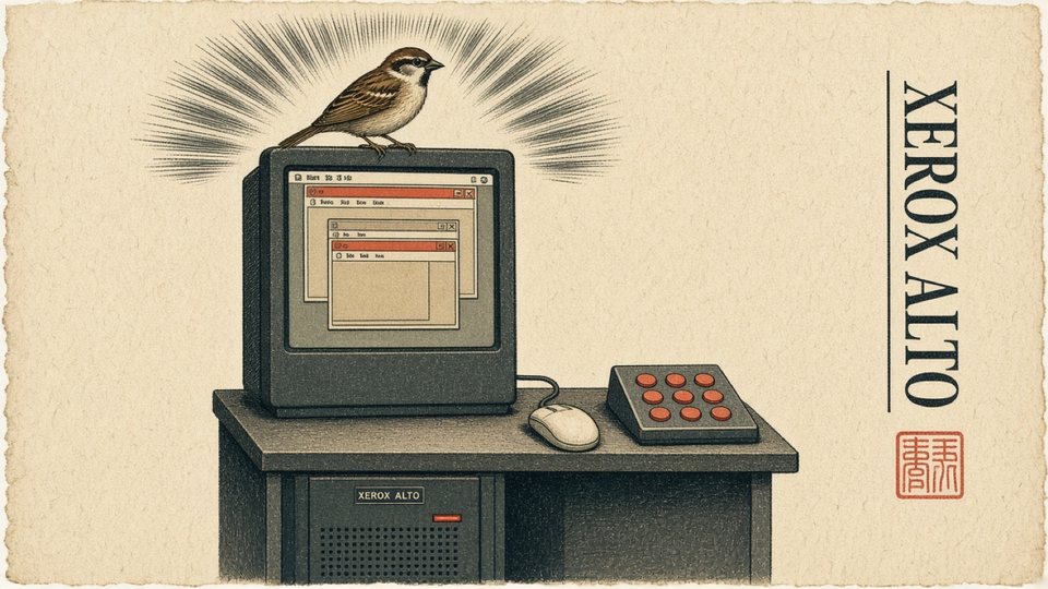 A house sparrow on top of a Xerox Alto display showing overlapping windows, with a mouse and chord keyset on the desk