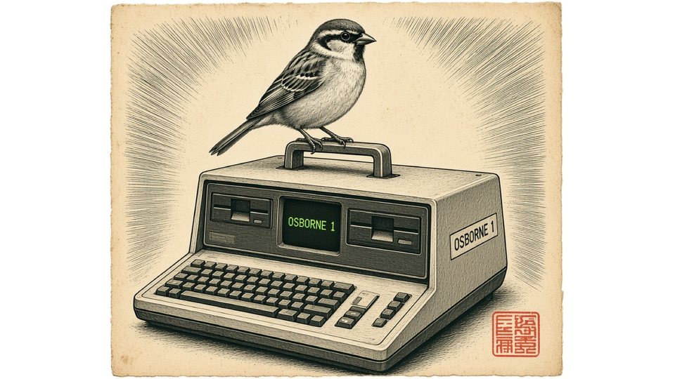 A house sparrow perched on the carrying handle of an Osborne 1 portable computer
