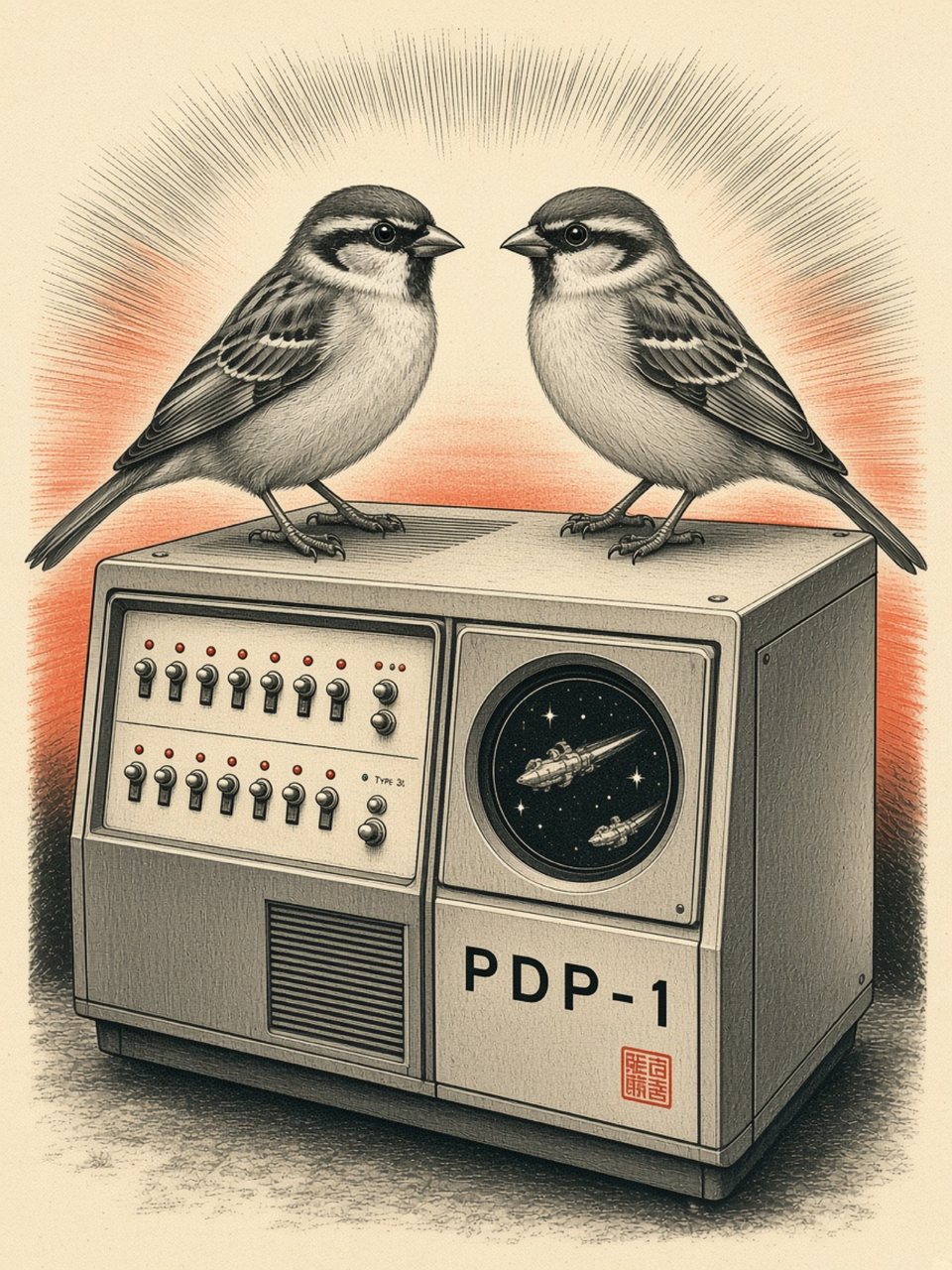 Two house sparrows facing each other atop a DEC PDP-1 console whose round screen shows two Spacewar! rocket ships among stars