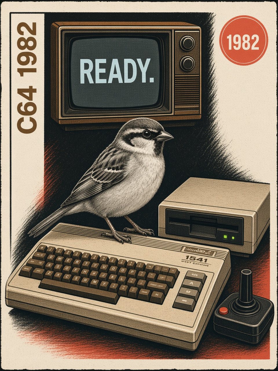 A house sparrow standing on a Commodore 64 keyboard beside a 1541 disk drive and joystick, a TV above reading READY.