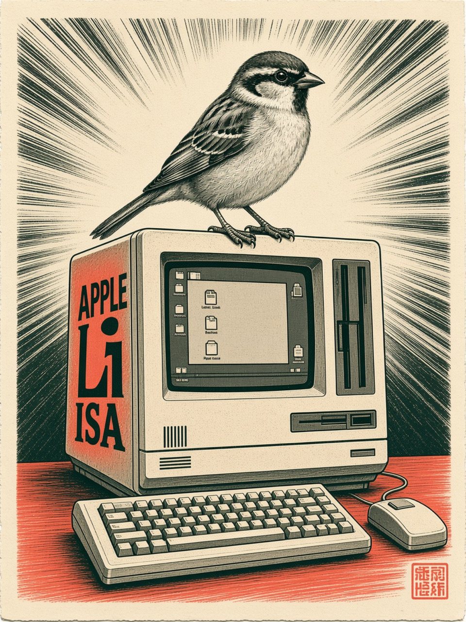 A house sparrow perched on an Apple Lisa showing desktop icons, with keyboard and mouse on a red table