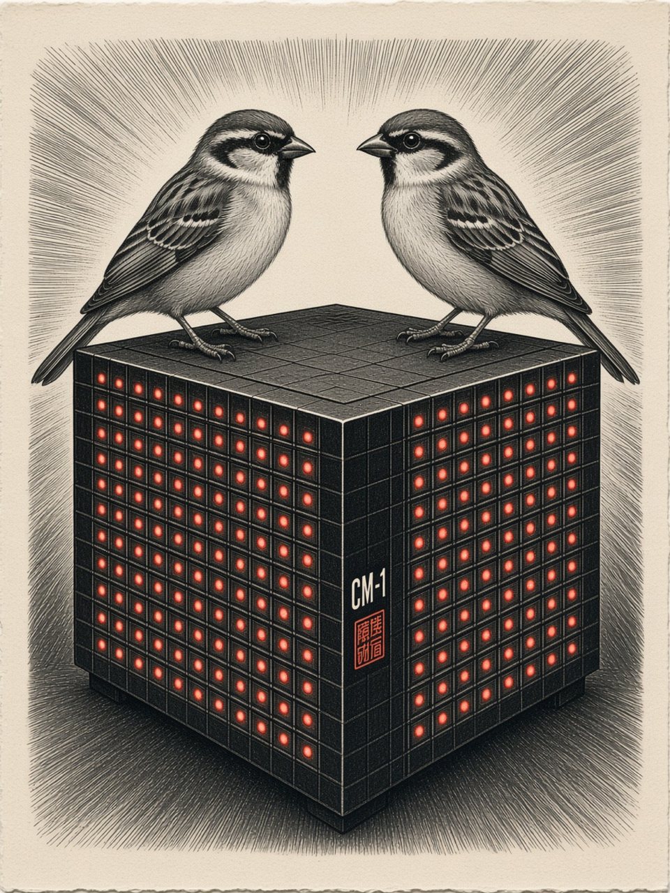 Two house sparrows facing each other atop the black Connection Machine CM-1 cube covered in glowing red lights