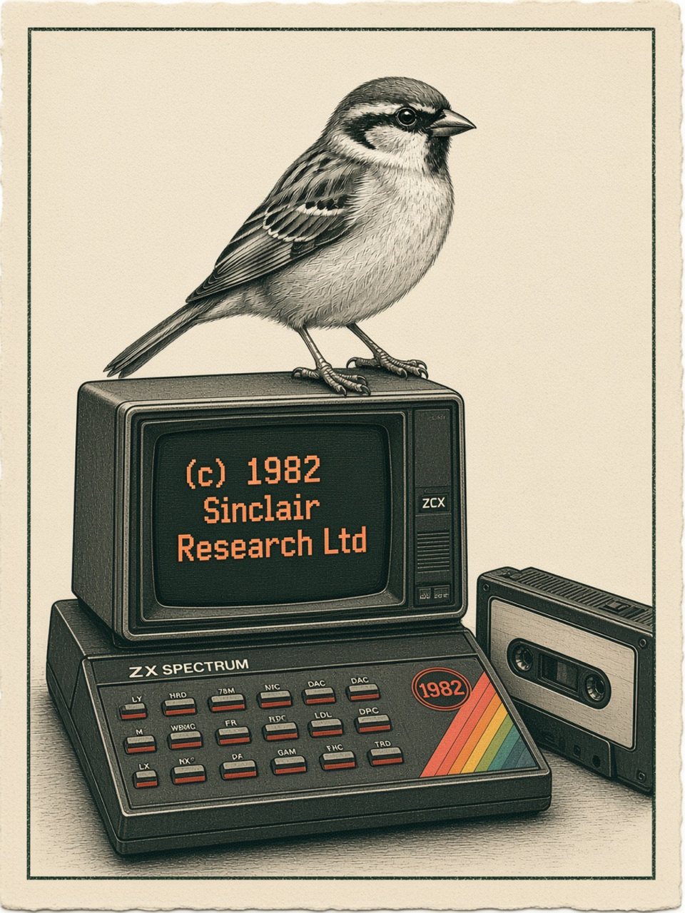 A house sparrow on a small monitor showing the Sinclair Research copyright screen, above a ZX Spectrum with a cassette beside it